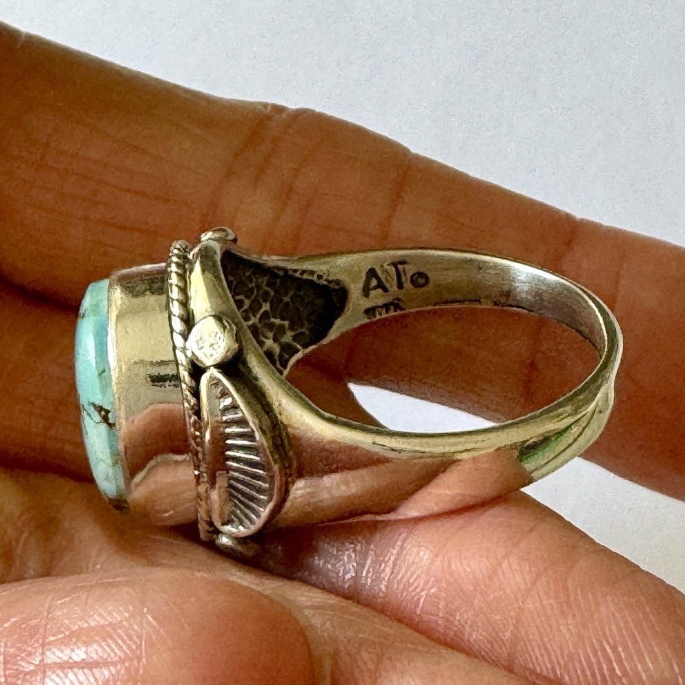 Navajo Blue Turquoise Ring Golden Hills Sz 13.5 Mens Signed Tsosoie Native Amer - Picture 10 of 12